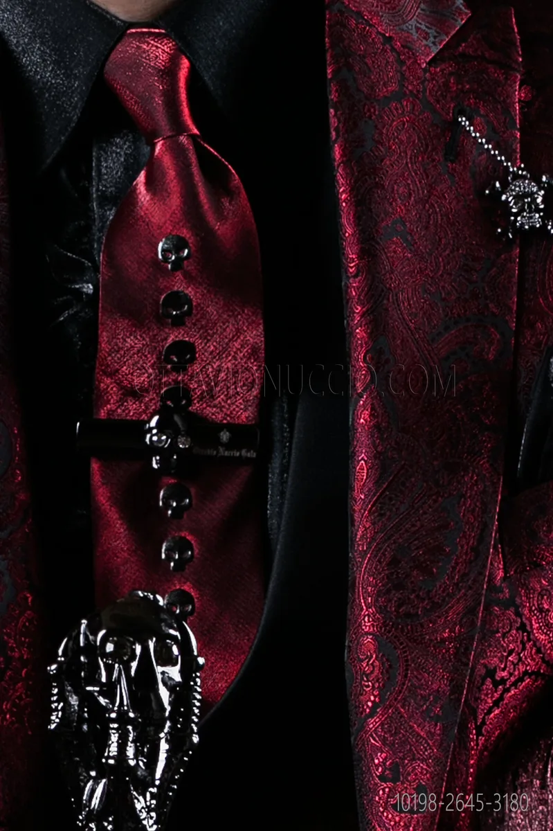 Red lurex necktie with metallic skulls