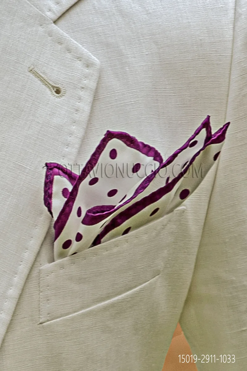 White twill silk handkerchief with purple polka dots