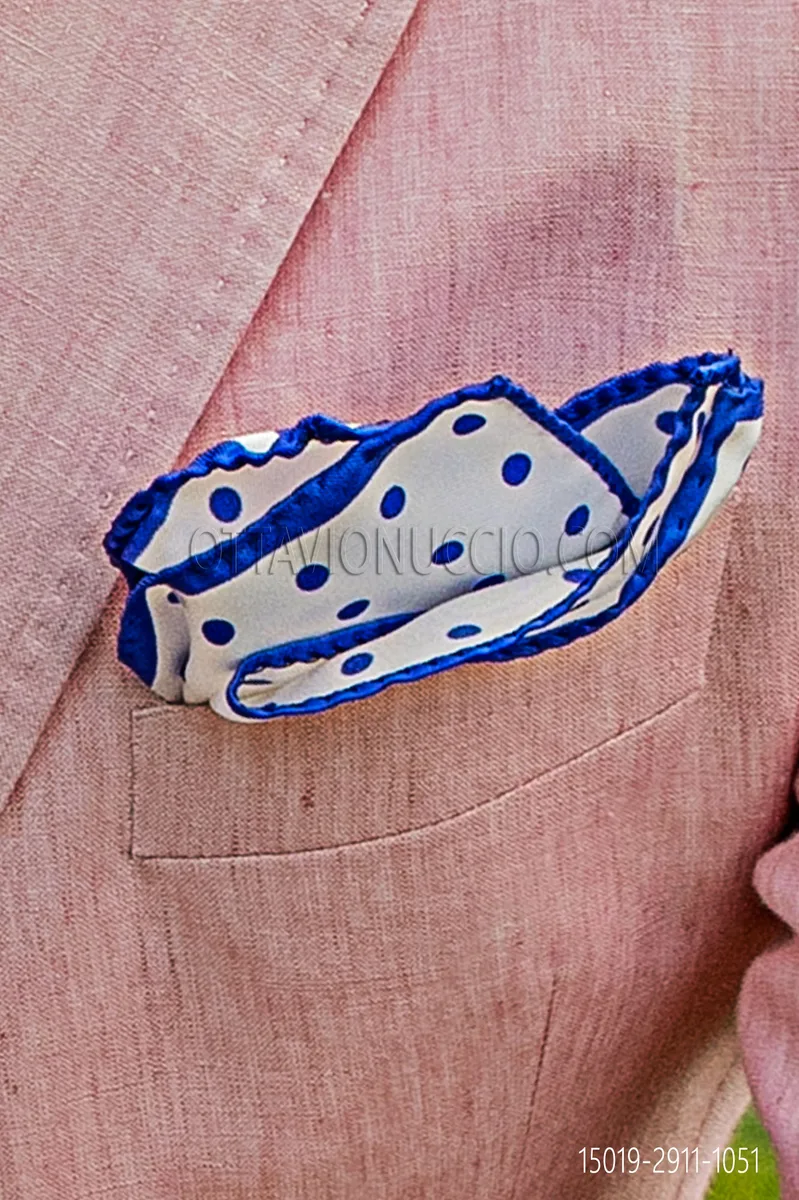 White twill silk handkerchief with blue polka dots