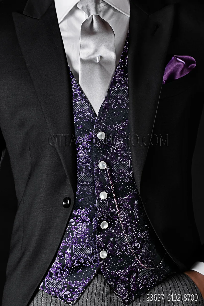 Weste, schwarz und violet, aus reiner Jacquard-Seide