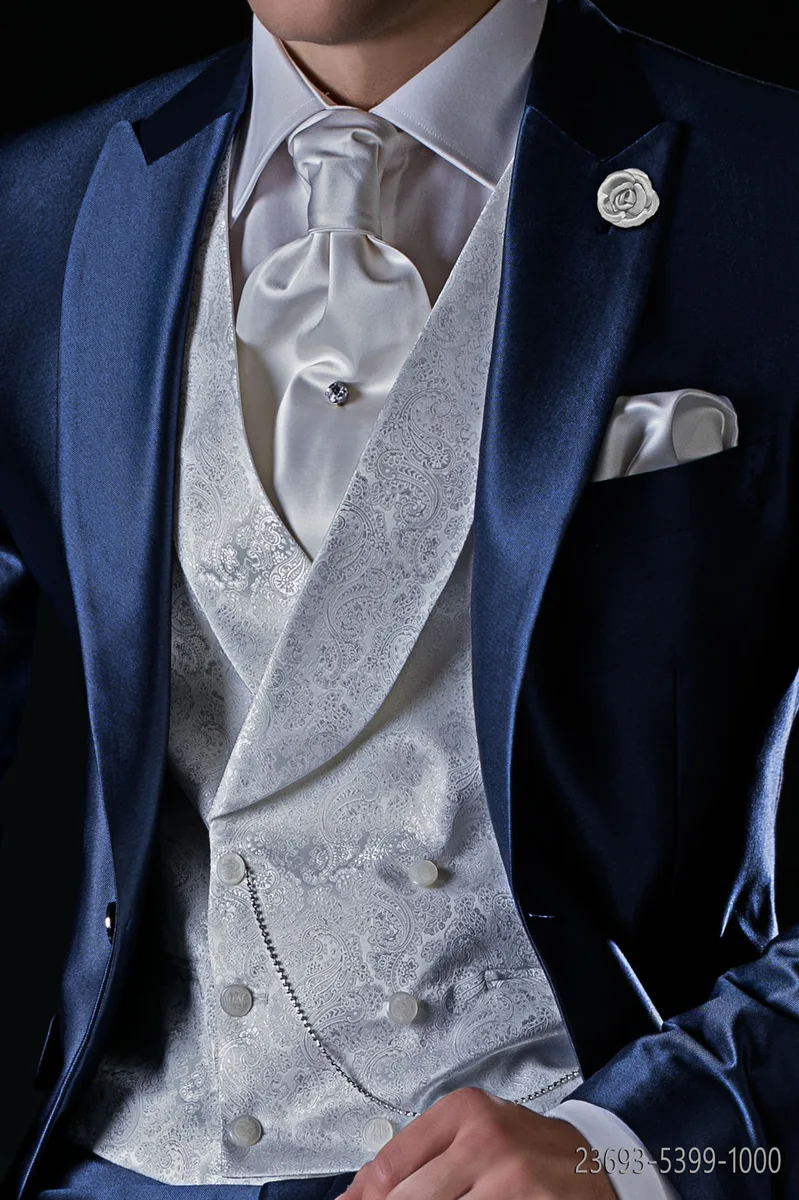 White brocade double-breasted waistcoat with shawl collar