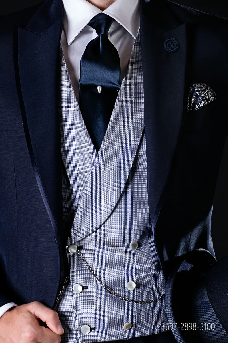 Zweireihige Weste aus reiner blauer Prince-of-Wales-Seide
