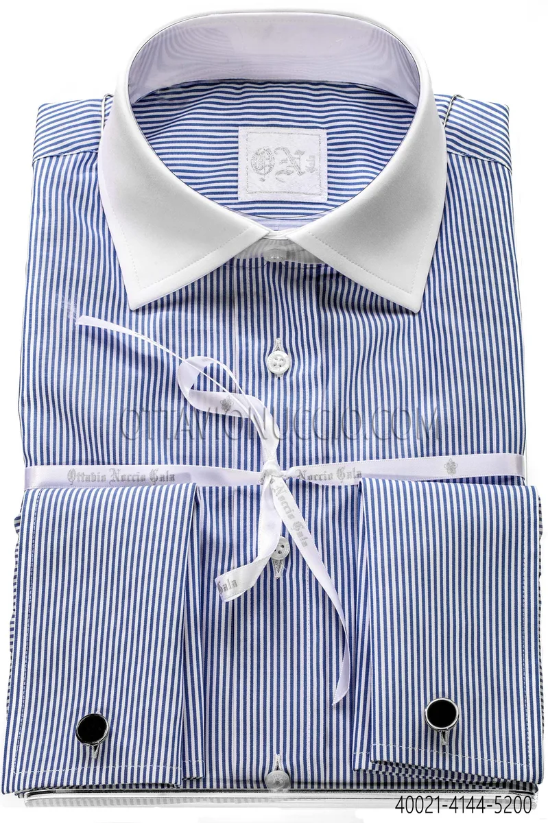 Camisa algodón a rayas azúl cuello a contraste