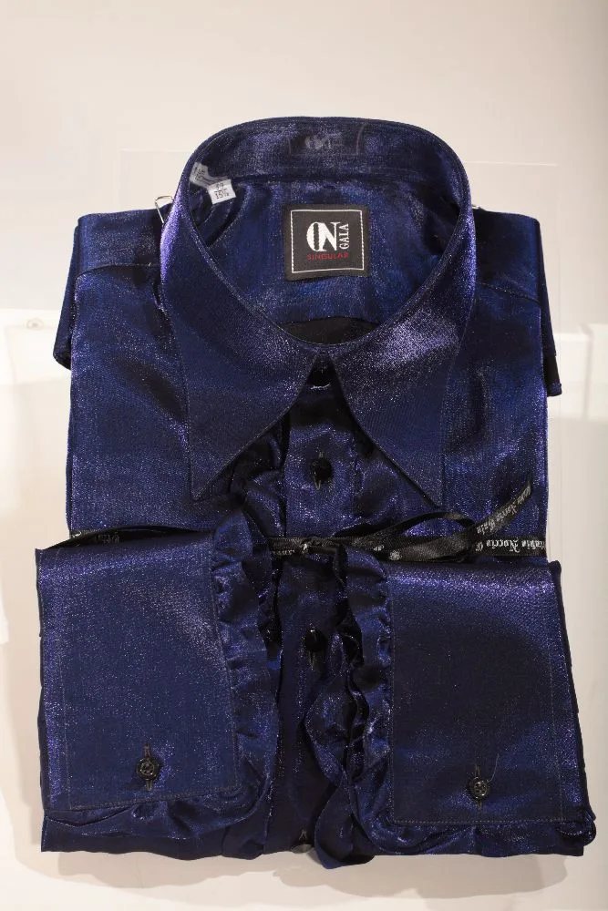 Camicia in lurex blu elettrico con volant