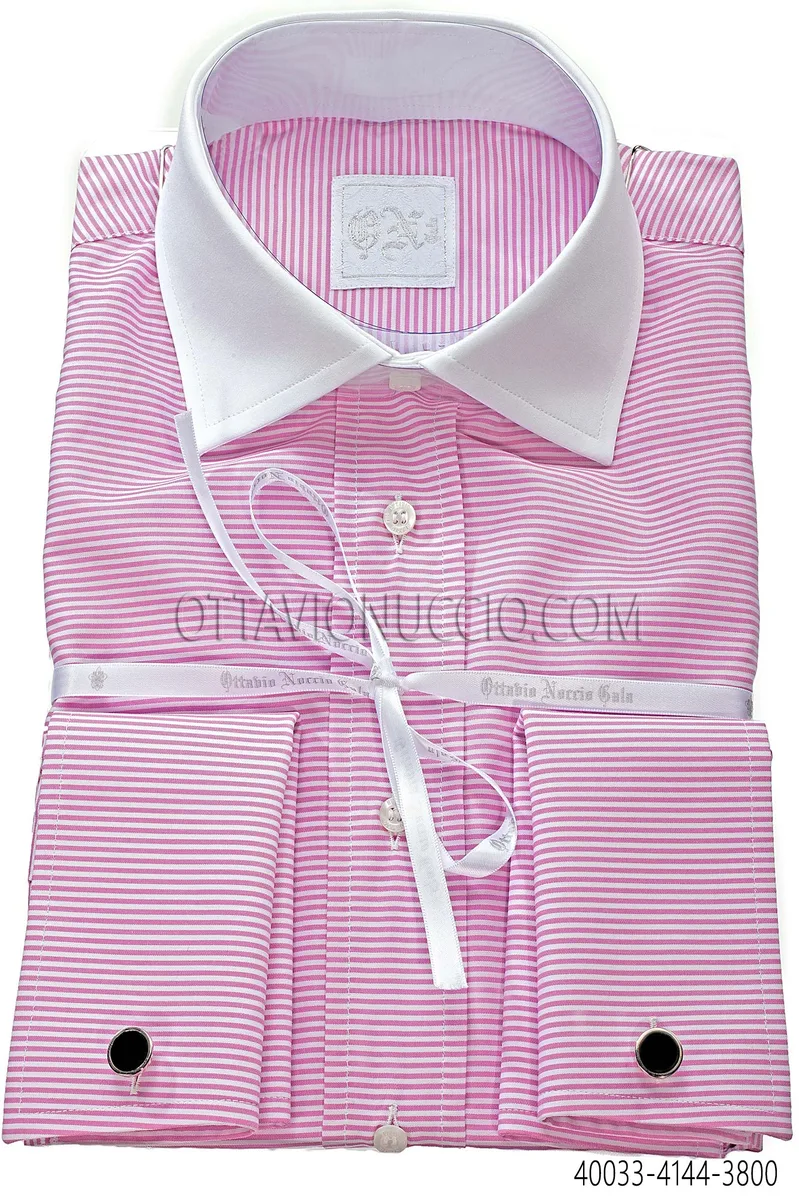 Camisa algodón a rayas rosa cuello a contraste