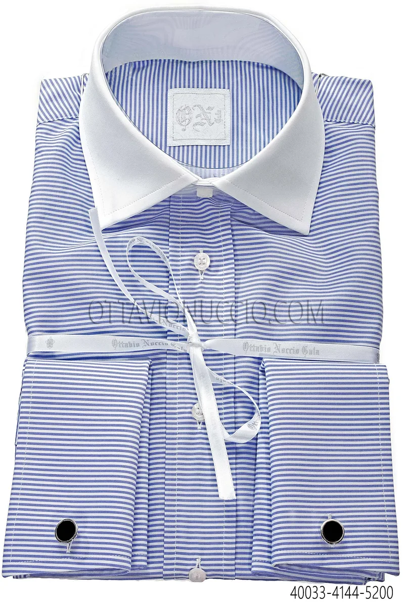 Blue Striped Cotton Shirt with Contrast Collar