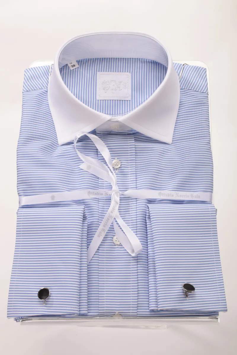 Chemise coton à rayures bleu ciel col contrasté