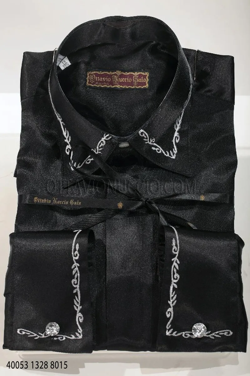 Camisa en raso negra bordado flores