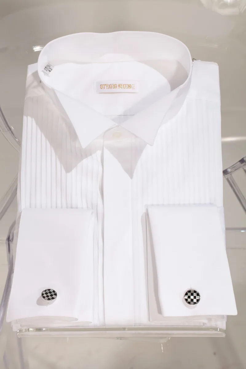 White Cotton Tuxedo Shirt with Pleats and Wing Collar