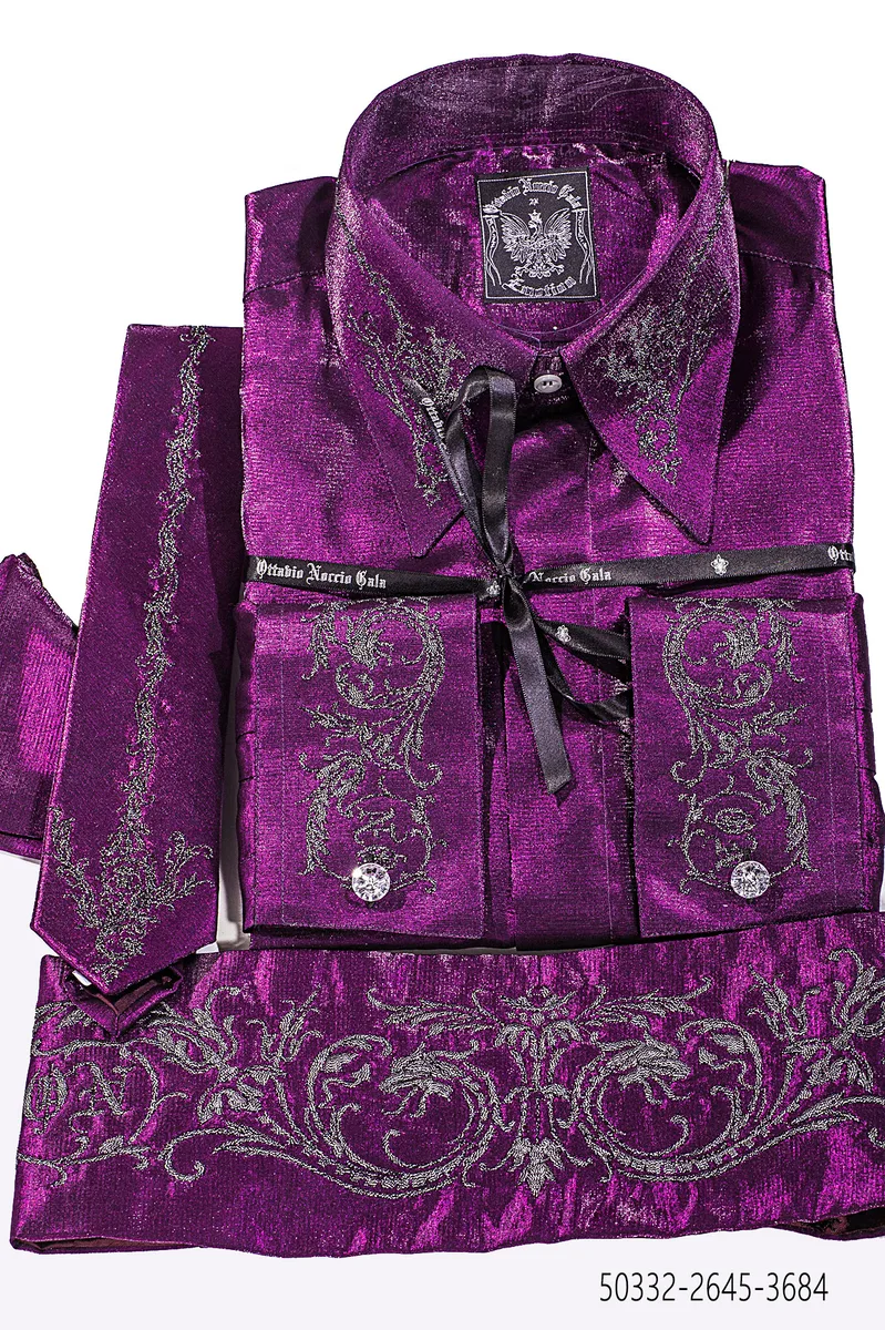 Fuchsia Lurex Shirt, Tie and Cummerbund Set with Embroidery