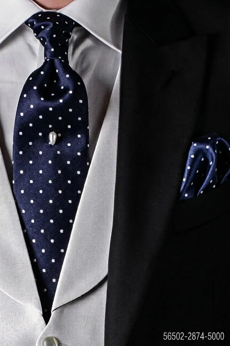 Cravatta e Fazzoletto in seta blu pois bianchi