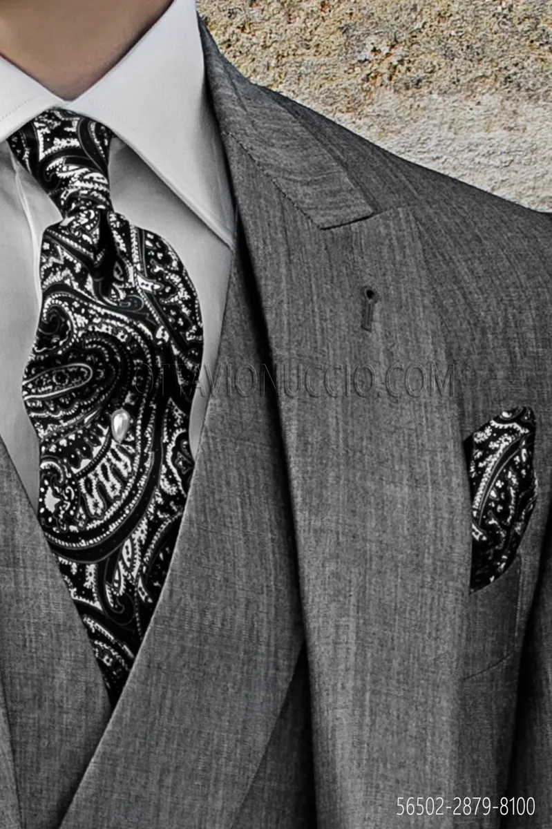 Cravatta e fazzoletto in seta jacquard bianca e nera