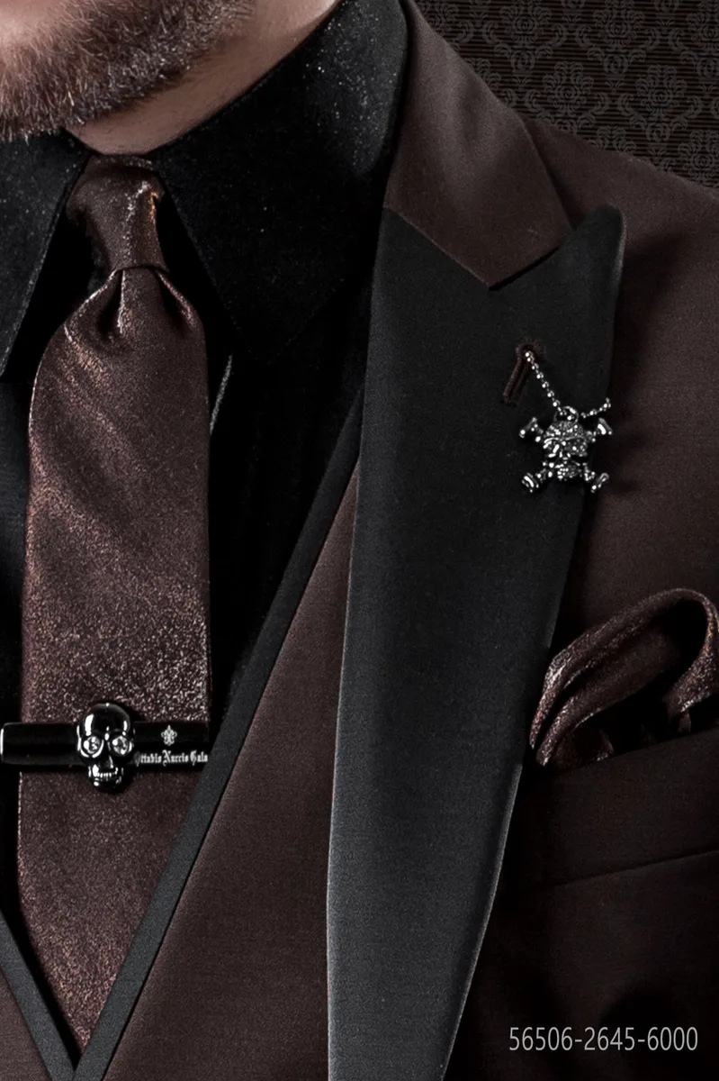 Cravate slim et pochette de costume en lurex marron