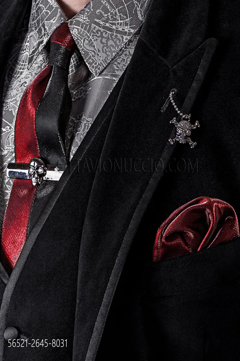 Cravate slim 2 teintes en lurex noir et rouge avec pochette de costume