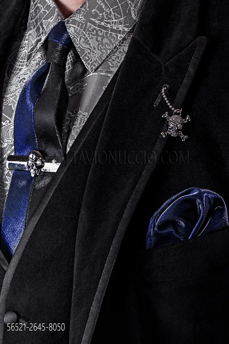 Two-coloured necktie in black and blue lurex with handkerchief