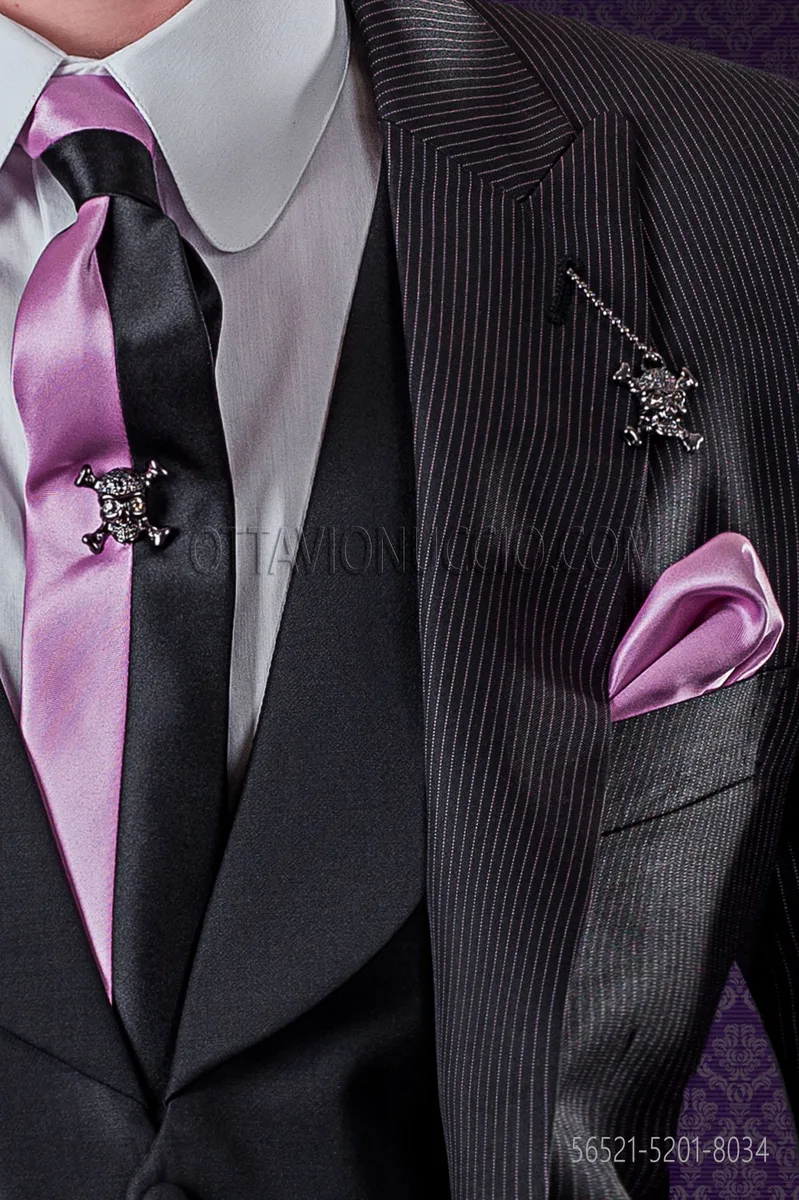 Krawatte zweifarbig schwarz und rosa aus Satin mit Einstecktuch