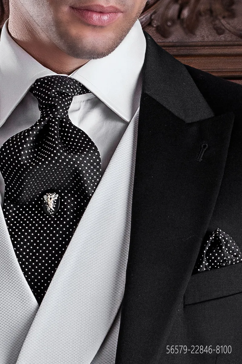Cravattone d'annodare e Fazzoletto in seta nero con piccoli pois