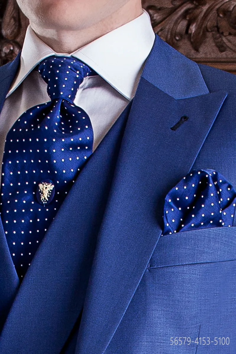 Lavallière à nouer et pochette bleu à pois blancs