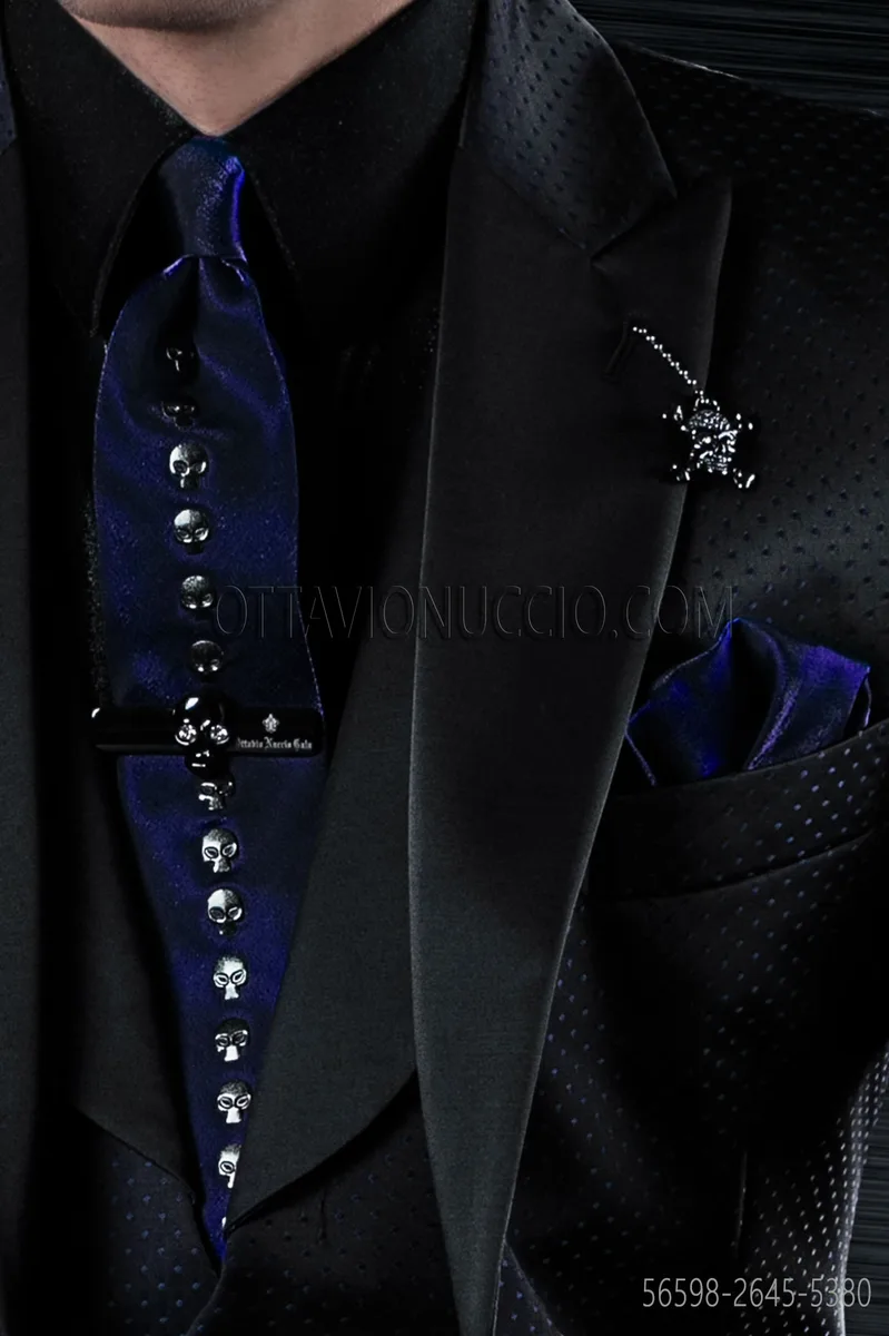 Royal blue lurex tie and handkerchief with skulls