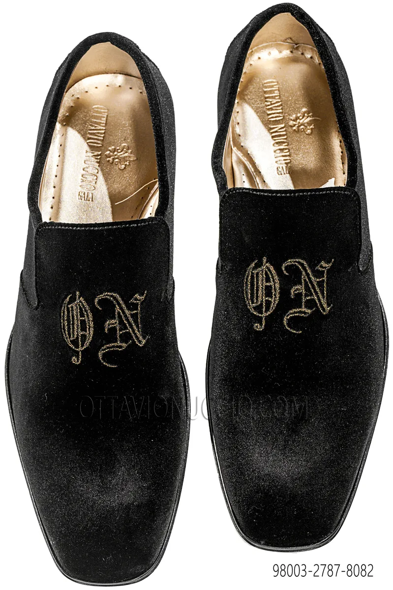 Slippers Schuhe aus schwarze Samt mit golden ON Stickerei