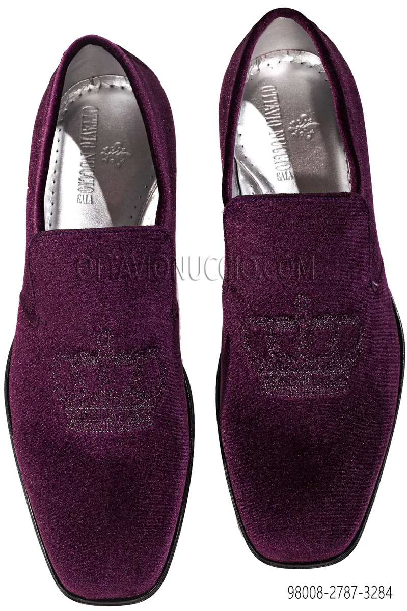 Slippers, bordeaux, aus Samt mit Kronen Stickerei