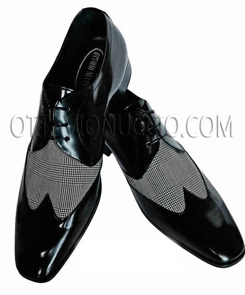 Zapato cordones bicolor cuero negro y príncipe de gales