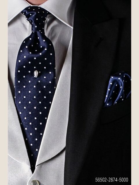 Cravatta e Fazzoletto in seta blu pois bianchi