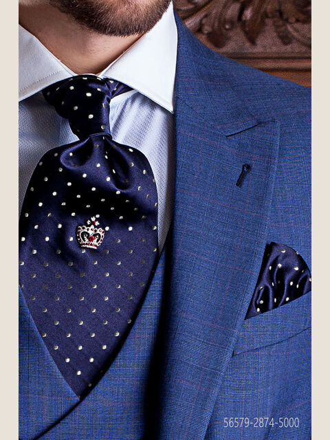 Cravattone e fazzoletto in seta blu con pois bianchi
