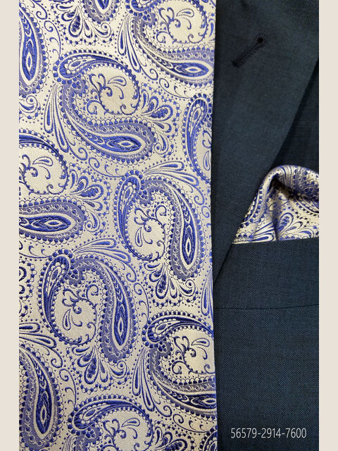 Cravattone e Fazzoletto in seta cachemire grigio perla con bluette