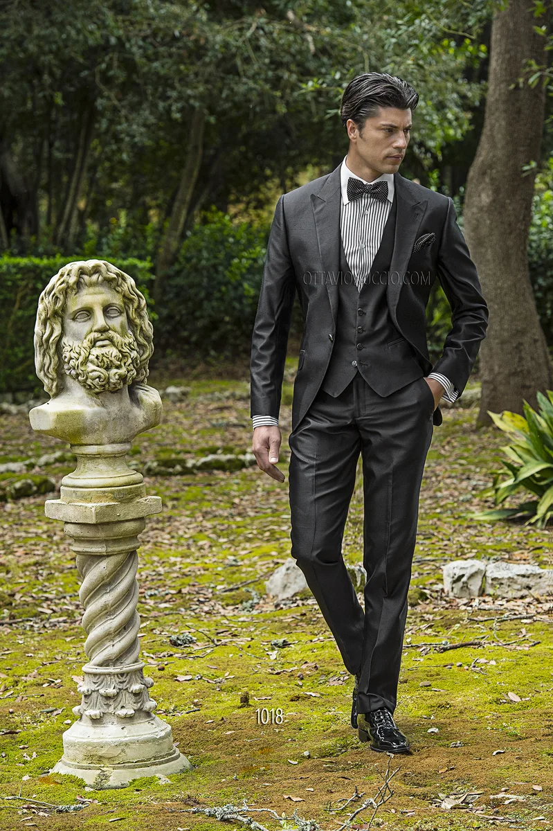 Trajes de novio italianos shantung mixto seda negro 1