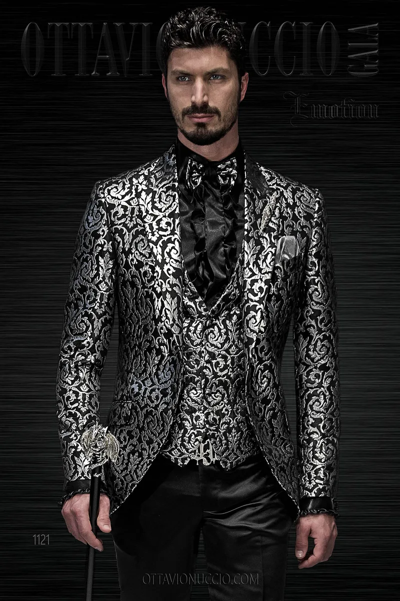 Italienische Hochzeitsanzug, Sakko aus Damast Stoffen, schwarz/silber 1