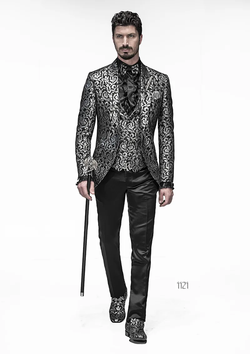 Italienische Hochzeitsanzug, Sakko aus Damast Stoffen, schwarz/silber 2