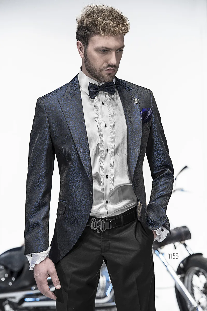 Italian Dress for Groom with Black and Blue Jacquard Jacket 1