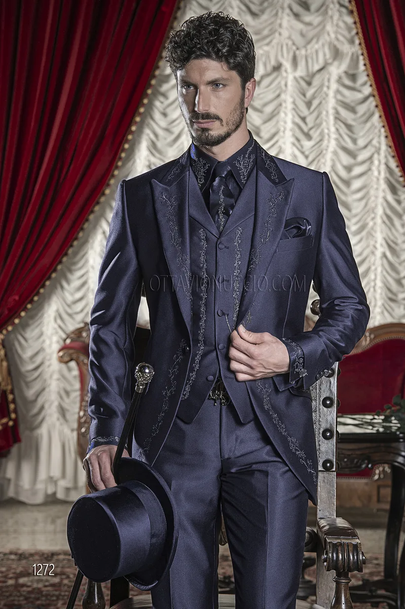 Blue Italian Fashion Suits with Silver Tone/Black Embroidery 1