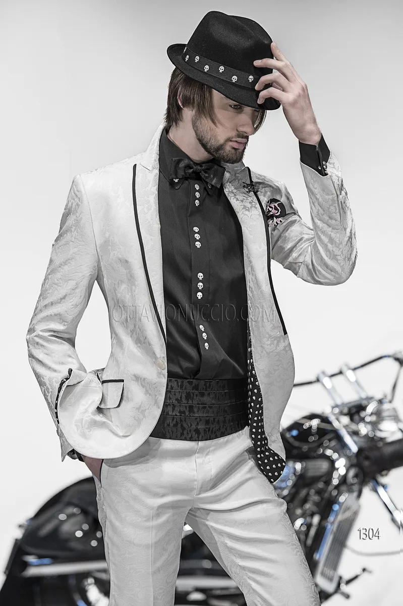 Trajes de novio italianos con chaqueta adamascado blanco 1