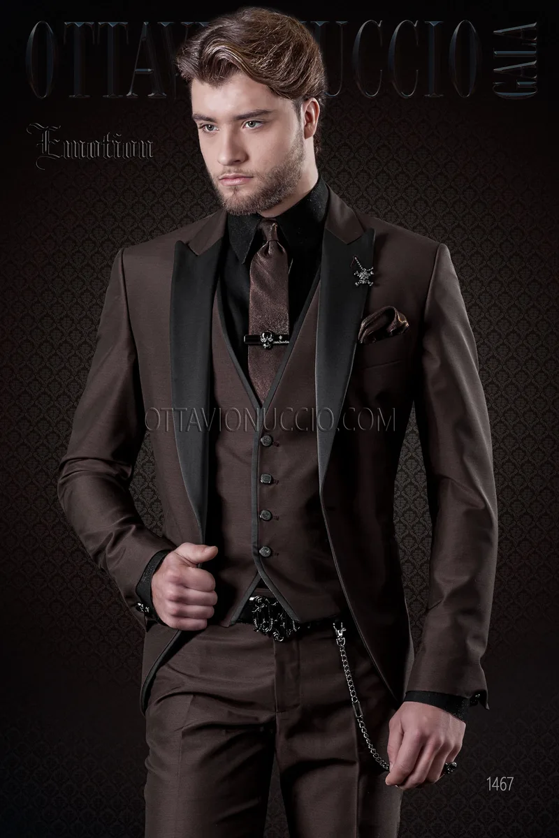 Mode Hochzeitsanzug für Herren braun mit schwarze Kontrast und Weste 1