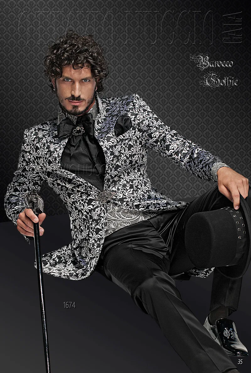 Costume de mariage brocart noir et argent col mao 1