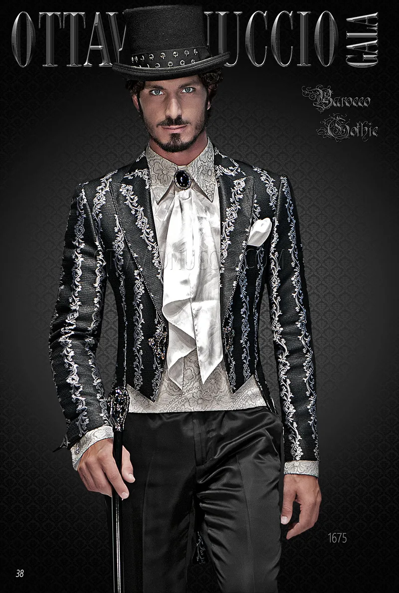 Queue-de-pie Baroque en brocart noir et argent, style vintage 1