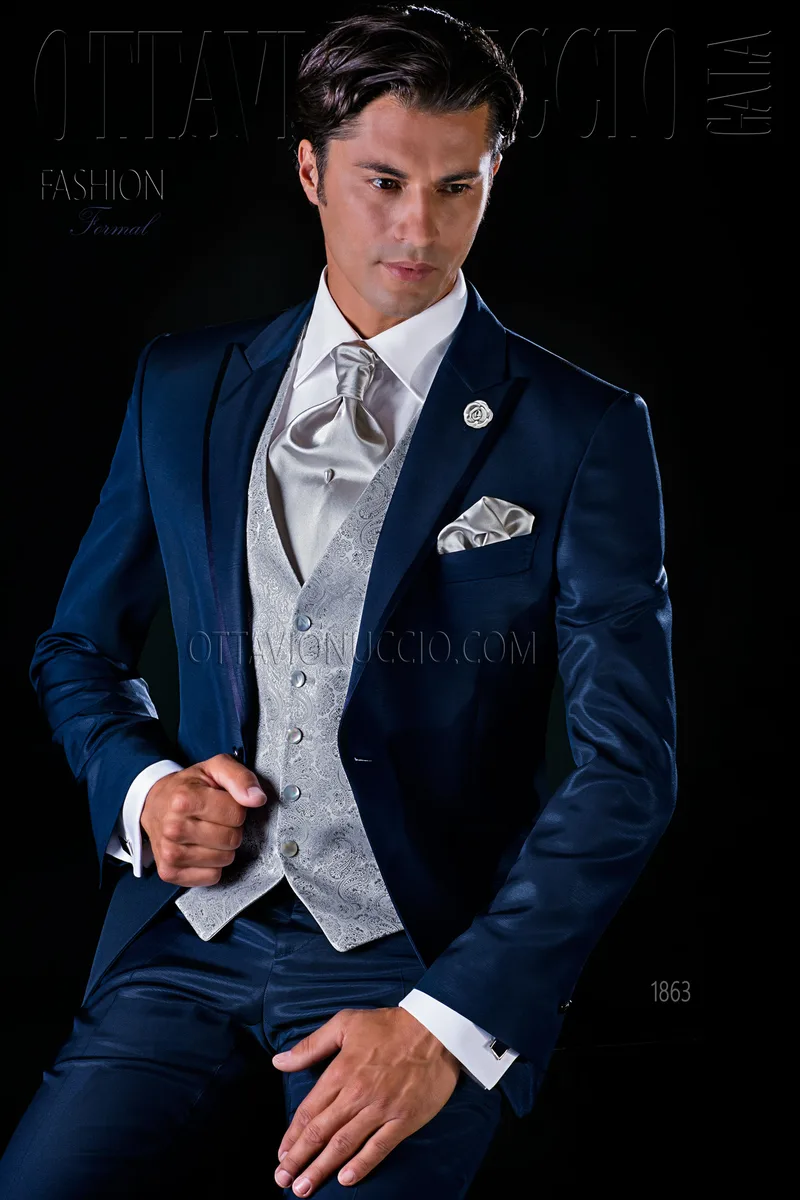 Costume de mariage moderne bleu deux pièces 1