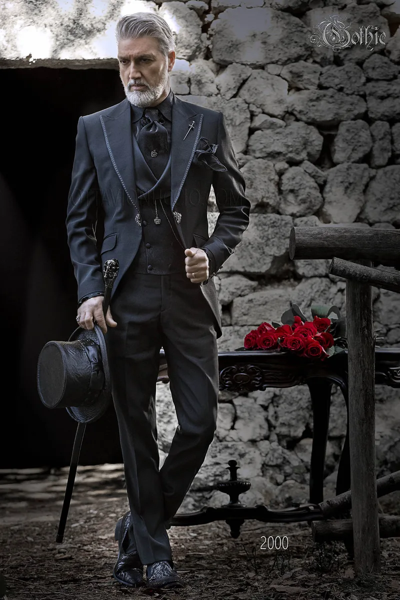 Italian black gothic wedding groom suit with rhinestone 1