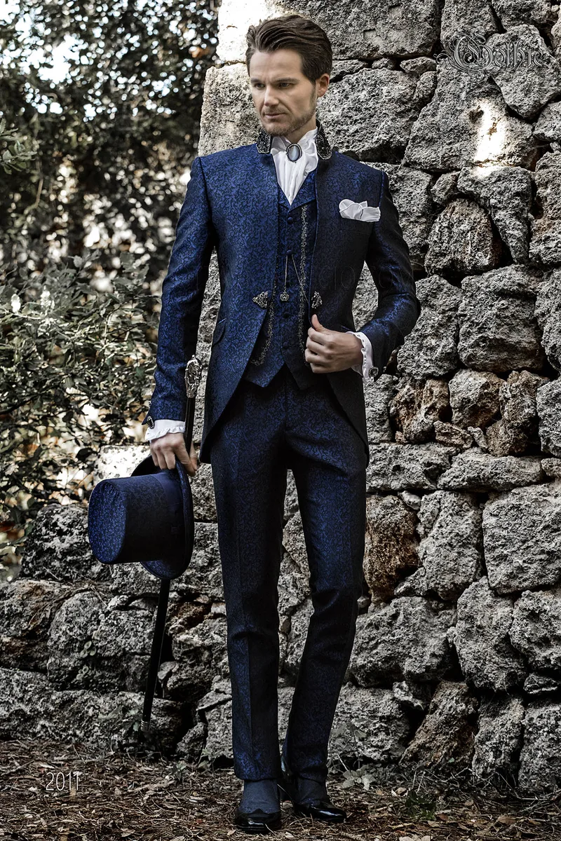 Bespoke blue gothic wedding groom suit with crystal trimmings 1