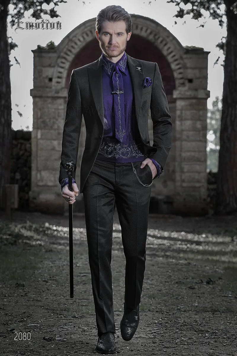 Black italian bespoke wedding groom suit with purple shirt 1