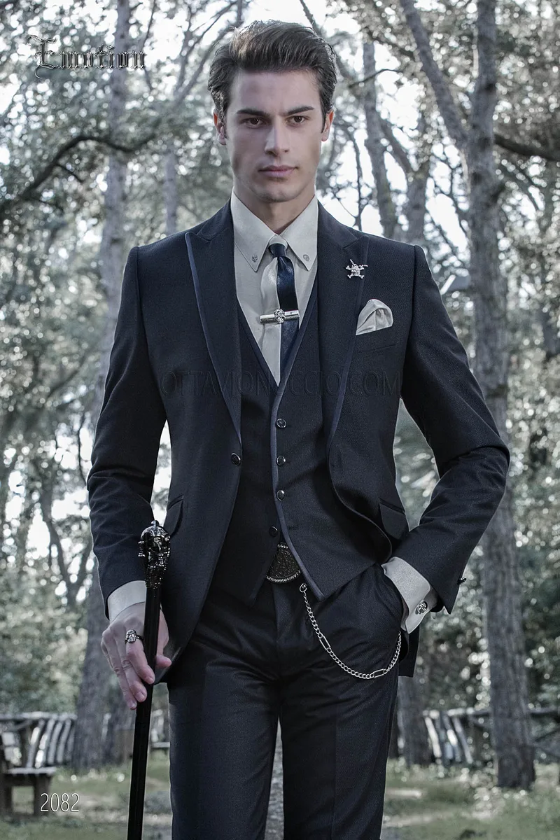 Blue dark italian bespoke suit for groom in weave fabric 1