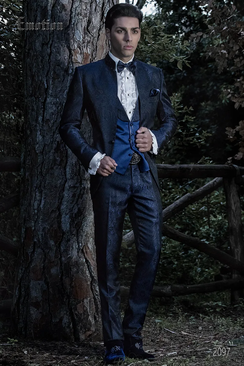 Traje de novio gótico coreana jacquard azul 1