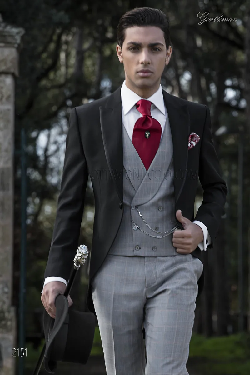 Bespoke Wedding suit in black wool with prince of Wales vest and pants 1