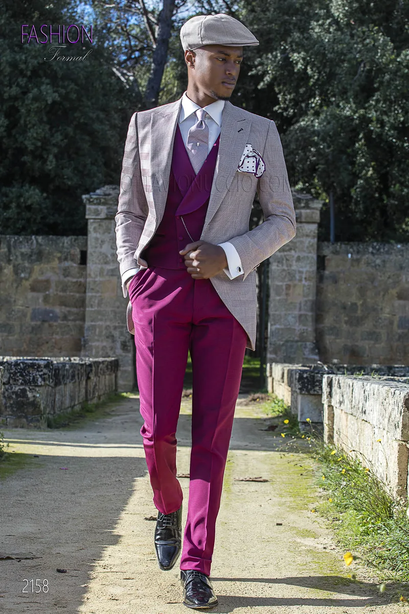 Costume jaquette prince de galles, gilet et pantalon bourgogne 2
