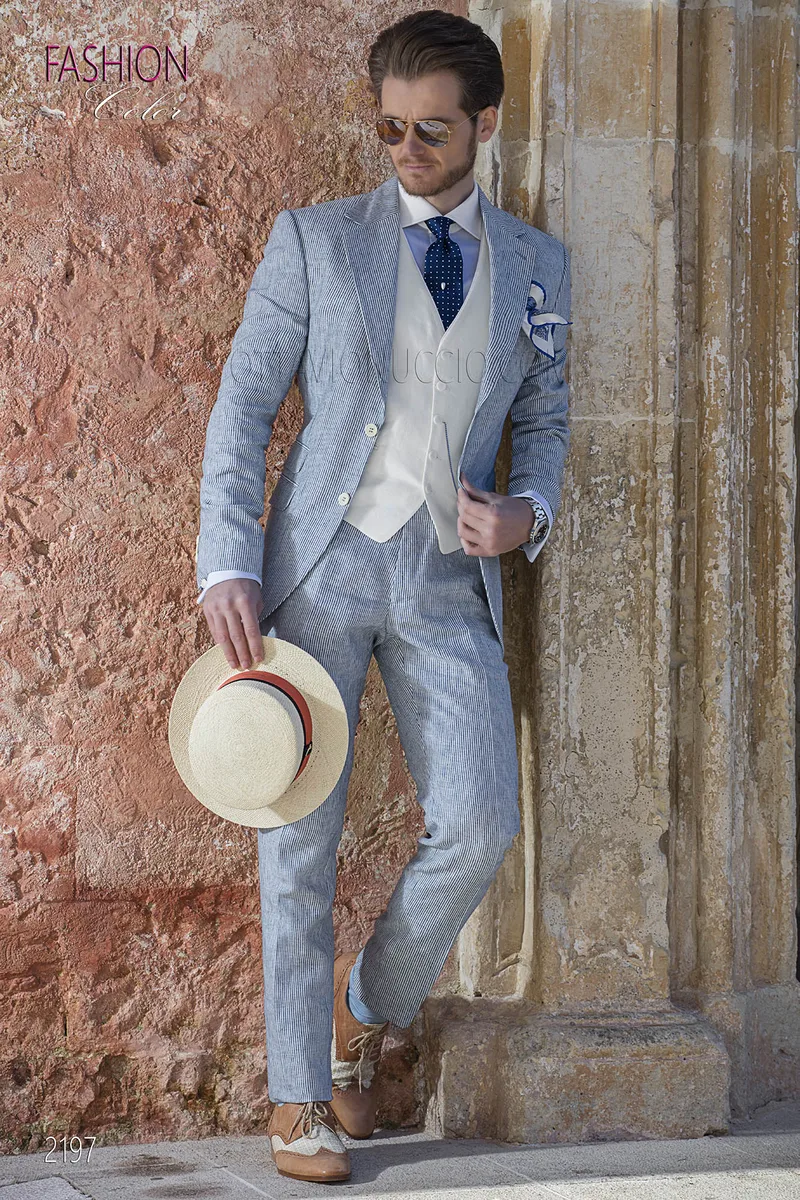Costume d'été italien de cérémonie pour homme en coton bleu 1