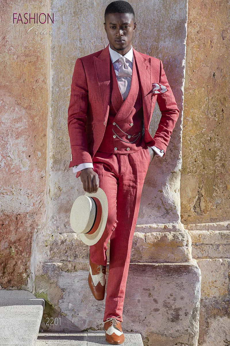 Red italian wedding suit in linen for summer ceremony 1