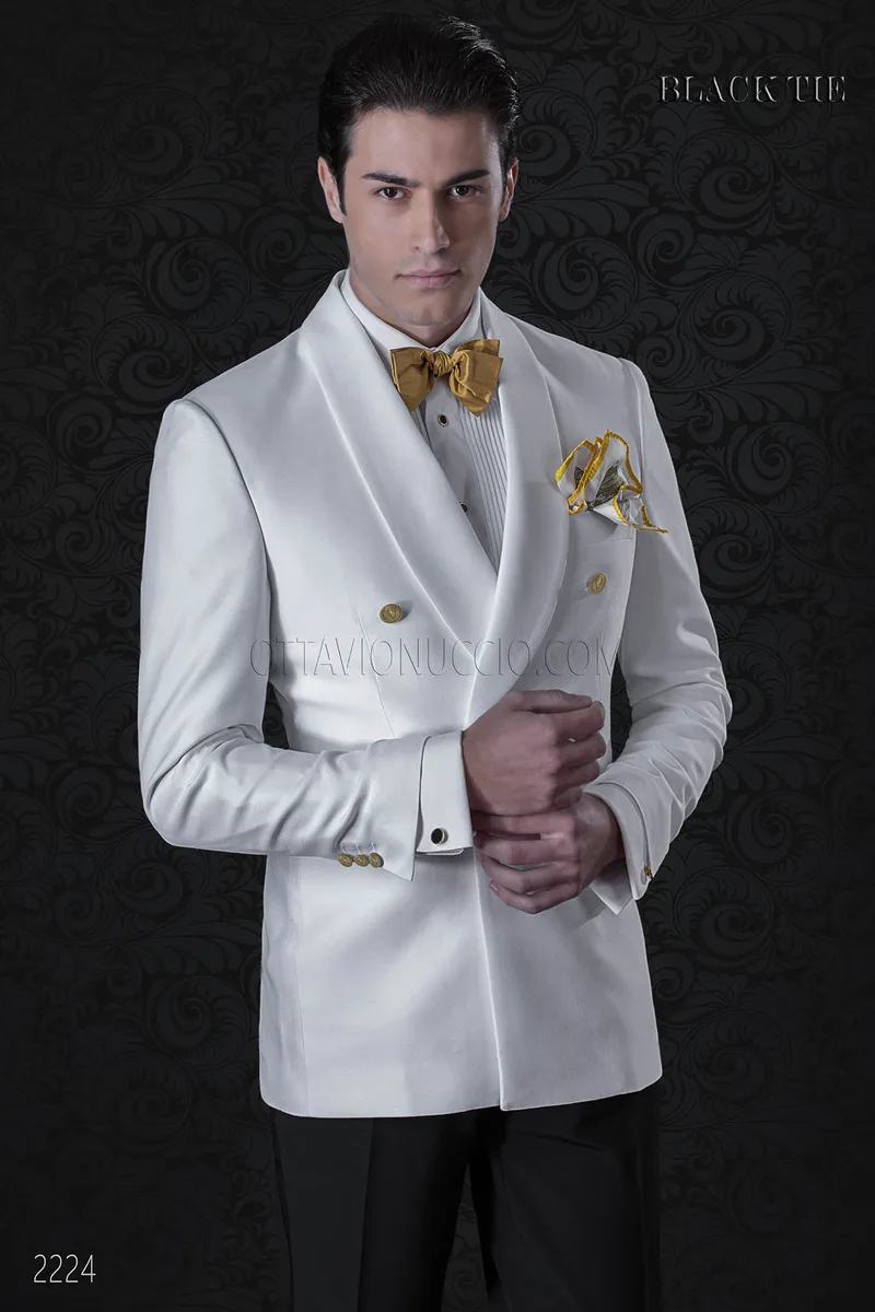 Smoking veste italienne blanc châle revers avec pantalon noir 1