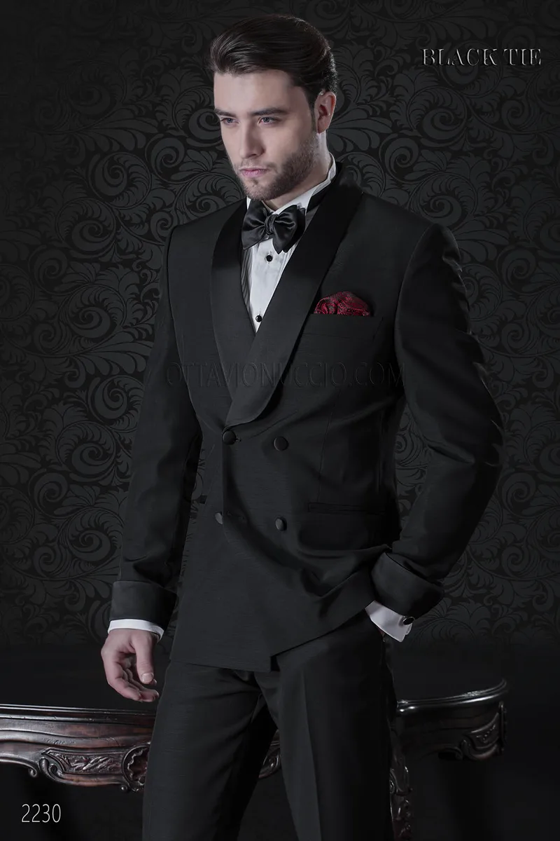 Zweireihig schwarze Smoking Anzug mit Satin Revers 1